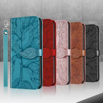 Luxus geprägtes Lebensbaum-Blatt-Muster-Riemen-Leder-Telefon-Geldbörsen-Kasten-Standplatz für iPhone 13 Pro Xiaomi 11 Samsung Huawei-Karte magnetisches Flip-Buch-Cover