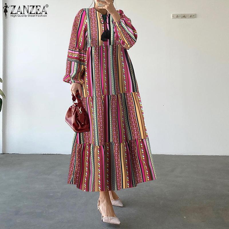 

ZANZEA Весеннее женское полосатое длинное платье с длинными рукавами, свободное