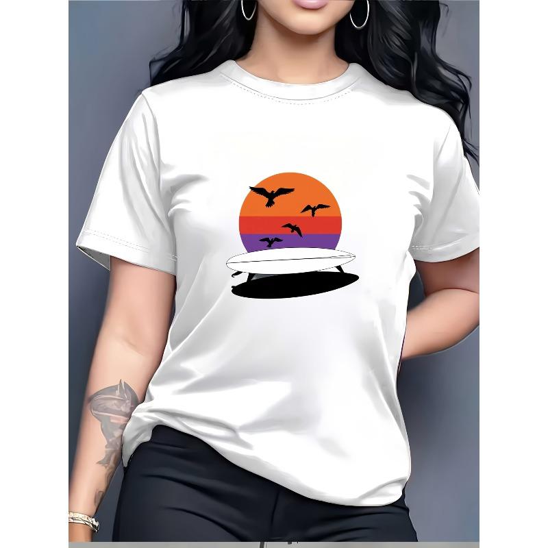 Summer Beach Sunset Surfboard Graphic Women s T-Shirt - Casual Short Sleeve Top for Beach Outfits, Vacation & Holiday Gift S белый