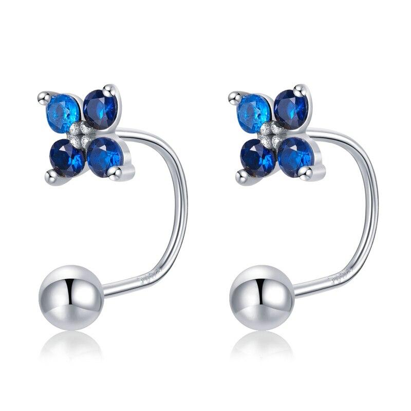 Bamoer Authentic Lucky Blue Crystal Earring Studs Four Leaf Clover Hoop Earrings for Women Engagement Jewelry