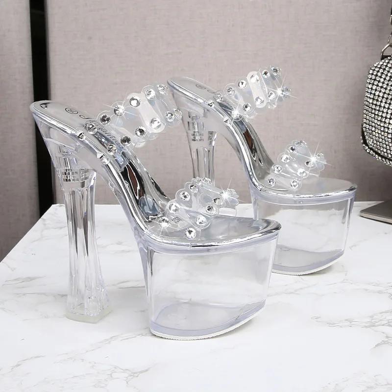 Fashion 17cm New Sexy Design Personality Heel Slippers Ladies Slippers Clear PVC Transparent Casual Square High Heel Platform Slippers