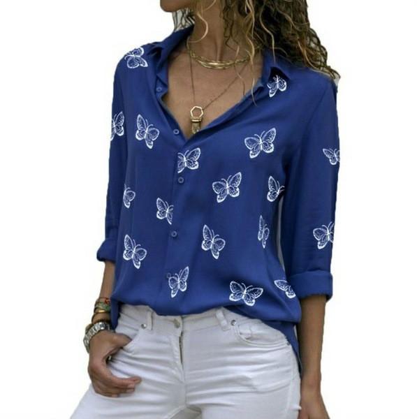 English Fashion Shirt With Butterfly Print And Spandex For Casual Wear