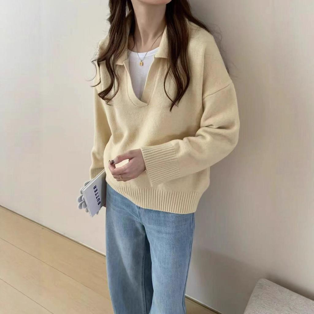 Turn-down collar, scissor collar, long-sleeve knit shirt for women, new loose plus-size thickened pullover top, export autumn and winter