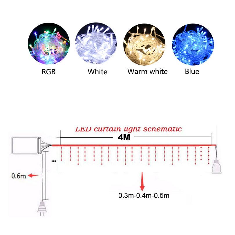 4.8M LED Curtain Icicle String Lights Christmas Garland Fairy Light Droop 0.4-0.6m Outdoor Lighting for Garden Street Mall Eaves