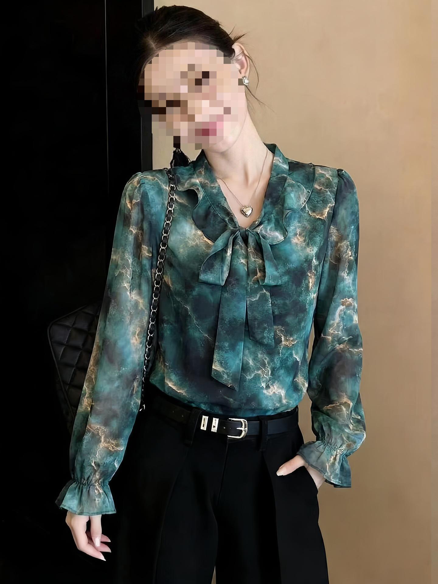 

Chic Light Luxury V-neck Ruffle Nine-Sleeve Chiffon Blouse - Women s Spring Loose Fit Slimming Top 2XL (62.5-67.5kg)