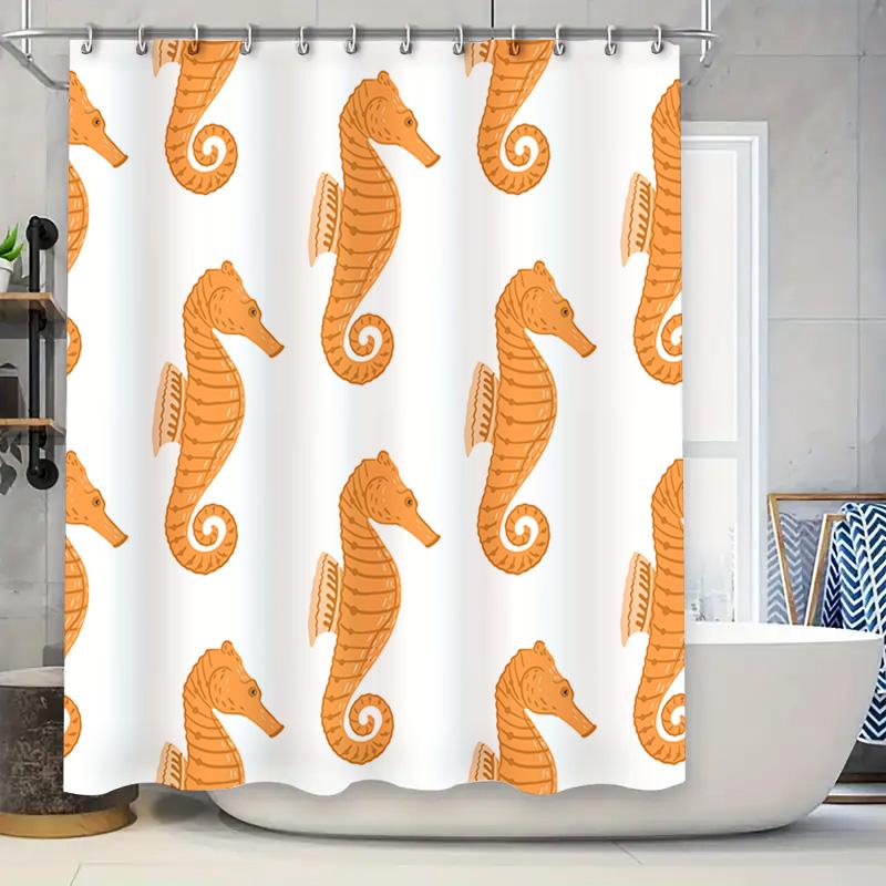 

White Shower Curtain With Orange Seahorse Print For Bathroom Decoration Waterproof Fabric Available In Various Sizes On W60H190(CM)-1 Pcs