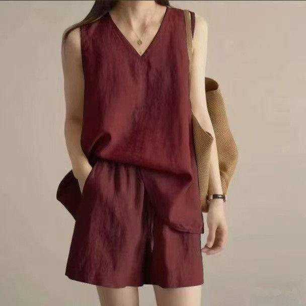 Summer Cotton Linen Casual Sleeveless Two-Piece Set Simple Top Shorts Fashion Design Comfortable Polyester Blend Women's Outfit