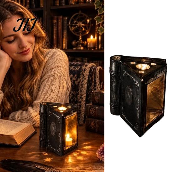 Holiday Anniversary Gift Metal Magic Book Candle Box with Light, Lighted Holder Ornament, Decorative Pillar Stand for Living Room Bedroom Office