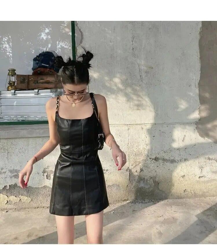 

Летний новый дизайн, уникальный шикарный тонкий ремень с цепочкой, сексуальное платье из искусственной кожи, черное короткое платье M чёрный