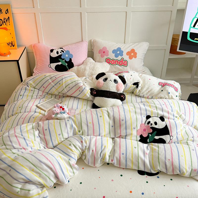 Love Cute Pet~ Thickened Milk Fleece Towel Embroidered Striped Love Rabbit Bed Four-Piece Coral Fleece 1.5 Meters