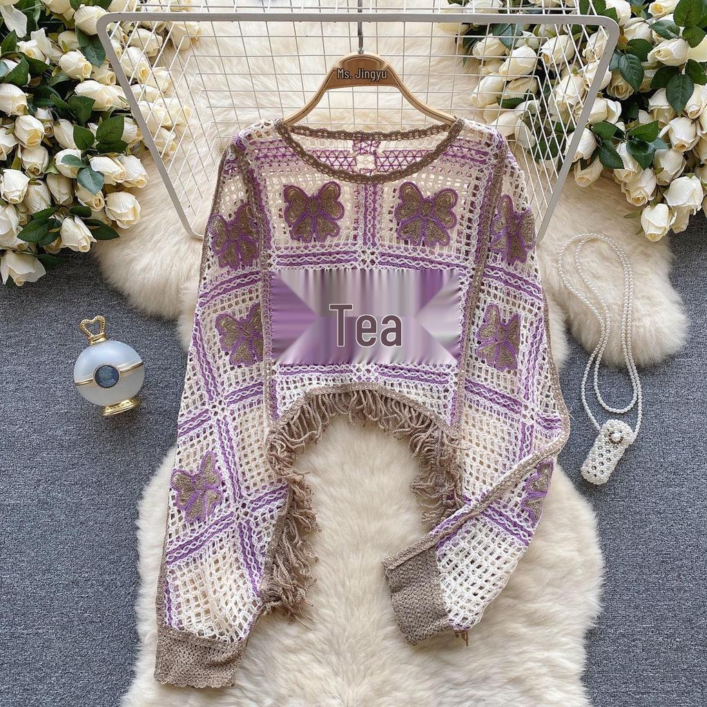 Spring & Autumn Crocheted Tassel Cardigan - Women's Long Sleeve Knit with Hollow Design