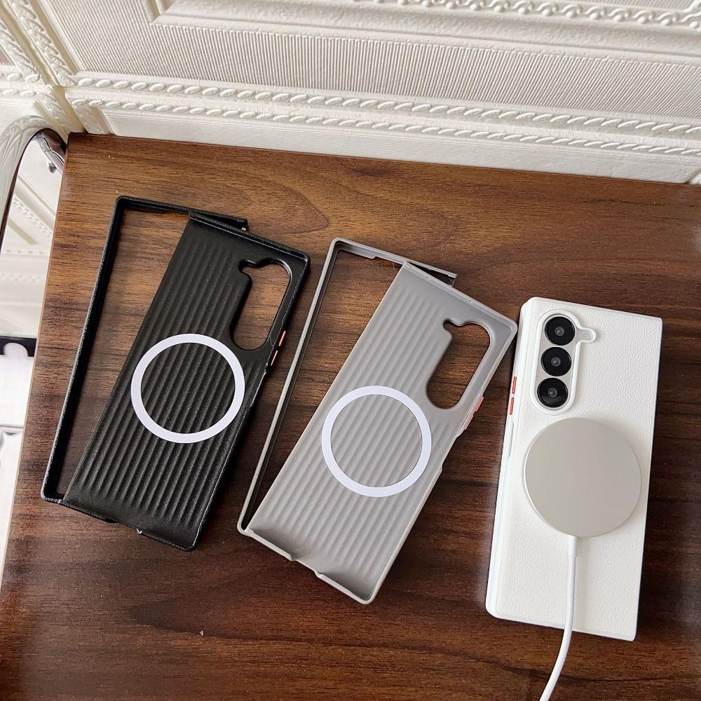 Minimalist Leather Foldable Screen Phone Case For Samsung Galaxy Z Fold 7 6 5 Fine Ring Magnetic Wireless Charging Protect Cover