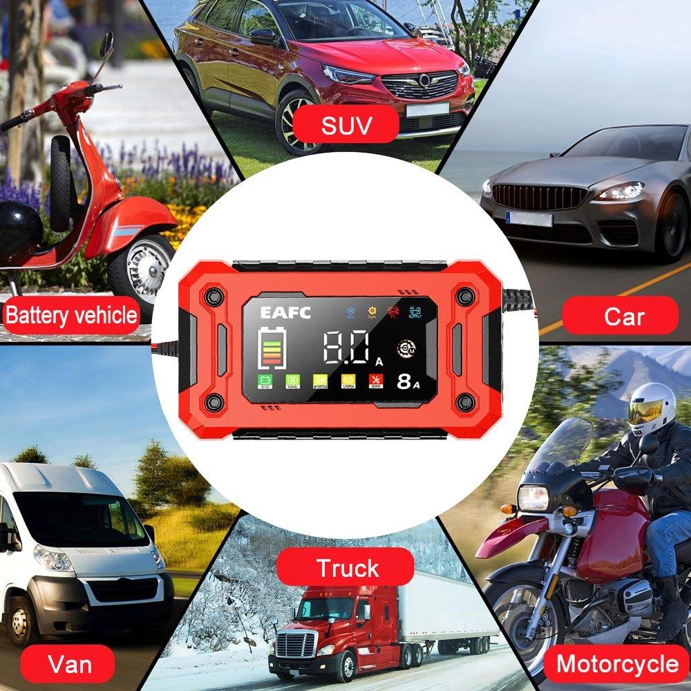 EAFC Akıllı 12V 8A Araç Akü Şarj Cihazı - Büyük Renkli Ekran, AB Fişi, Kurşun-Asit ve LiFePO4 Aküler için Darbeli Onarım