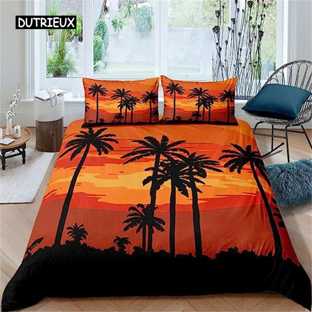 

Тропическое кокосовое дерево Пододеяльник Доска для серфинга Пальмовый лист Океанская волна Летний стиль для отпуска Натуральная сцена Декоративный Синий Зеленый Красный EU single(135x200cm)