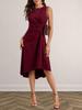 2026 European & American Slim Fit Solid Color Slit Long Sleeve Round Neck Dress