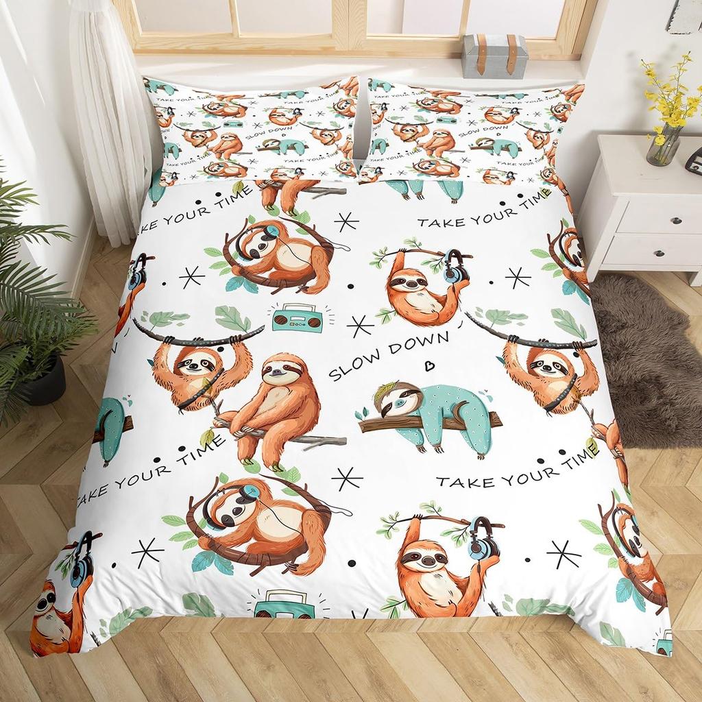Sloth Bedding Set Kawaii Animals Comforter Cover For Boys Girls Teens,Botancial Flowers Duvet Cover Cartoon Wildlife Quilt Cover