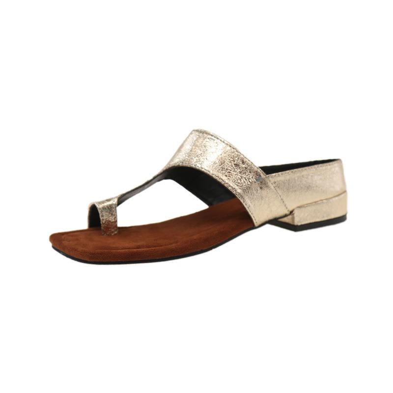 Retro Going Out Toe Slippers Women's Summer Outer Wear Square Toe Golden Cool Slippers Versatile Thick Heel Sandals