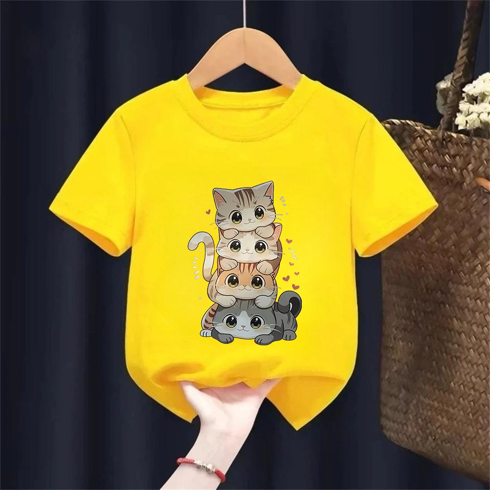 Cute Cartoon Cat Print Kids Round Neck Short Sleeved Tshirt 100cotton Casual Versatile Summer Girl Boy Tshirt