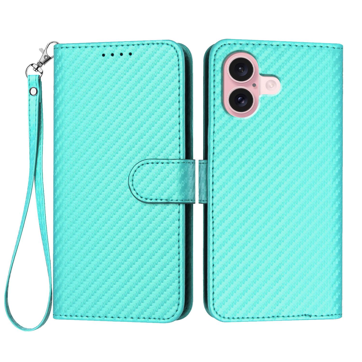 

For iPhone 16 Wallet Case with Strap Carbon Fiber Texture Leather Mobile Cover Light Blue