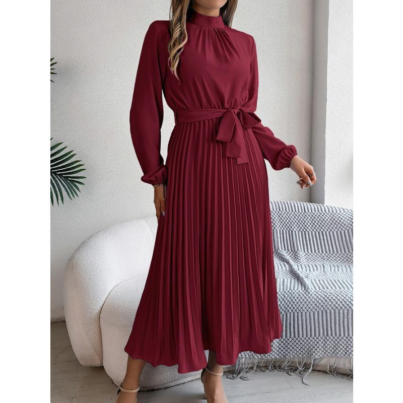 Women's Autumn and Winter Elegant Stand Collar Long Sleeve Waist Pleated Long Dress
