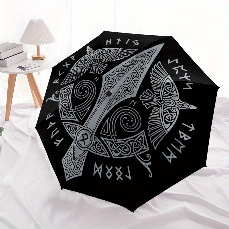 Viking Shield Wall Art, Norse Decor with Spear and Ravens Umbrella, Cute Umbrella with Cute Design, Portable 3-Fold Compact Umbrella for Men & Women,