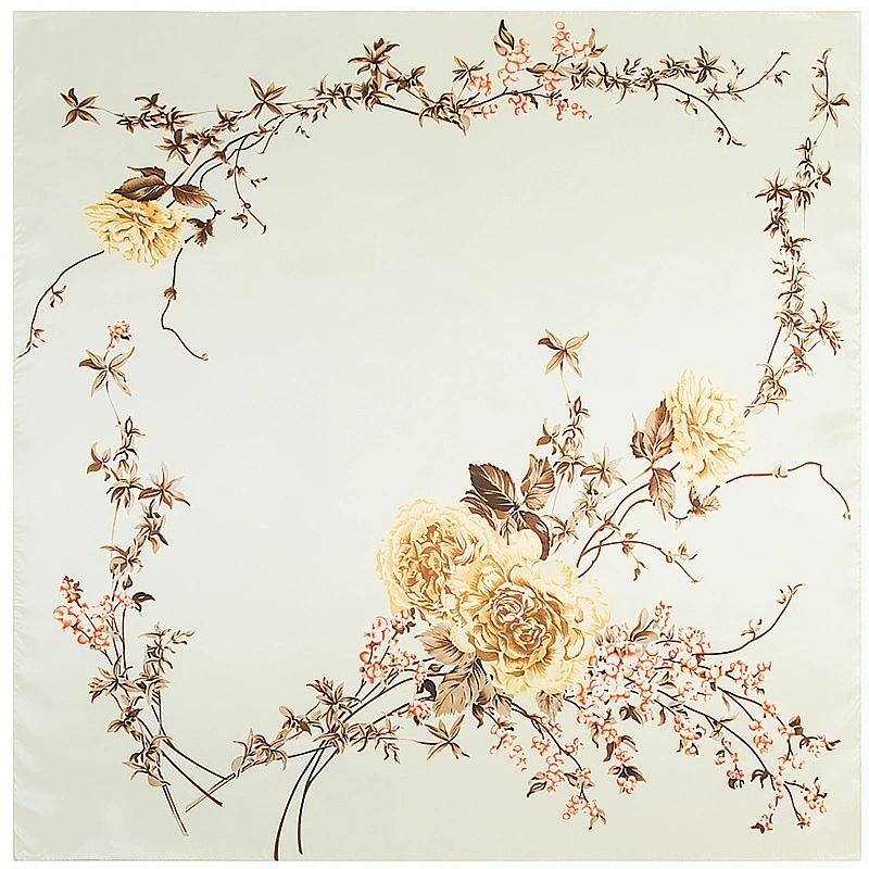 Elegant 90*90cm Spring Rose Flower Printed Small Square Scarf Foulard Hijabs For Ladies
