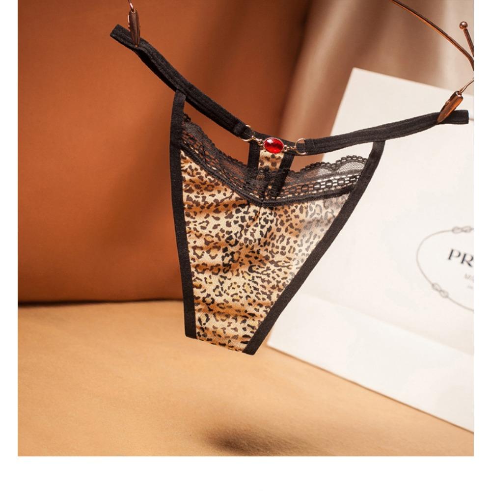 Sexy Hollowed-out Female Leopard Print Thong, Light Luxury Lace Fully Transparent Temptation Low-rise Female Hot Underwear T-pants 2229