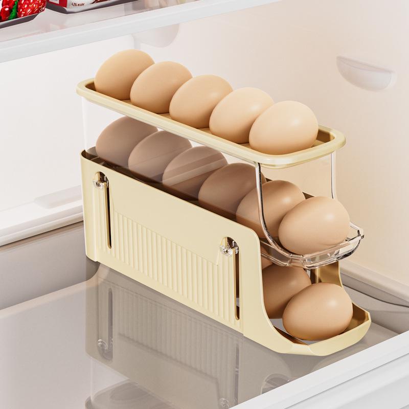 Large Capacity Sliding Egg Roller - Three-Layer Folding Storage Rack for Refrigerator.