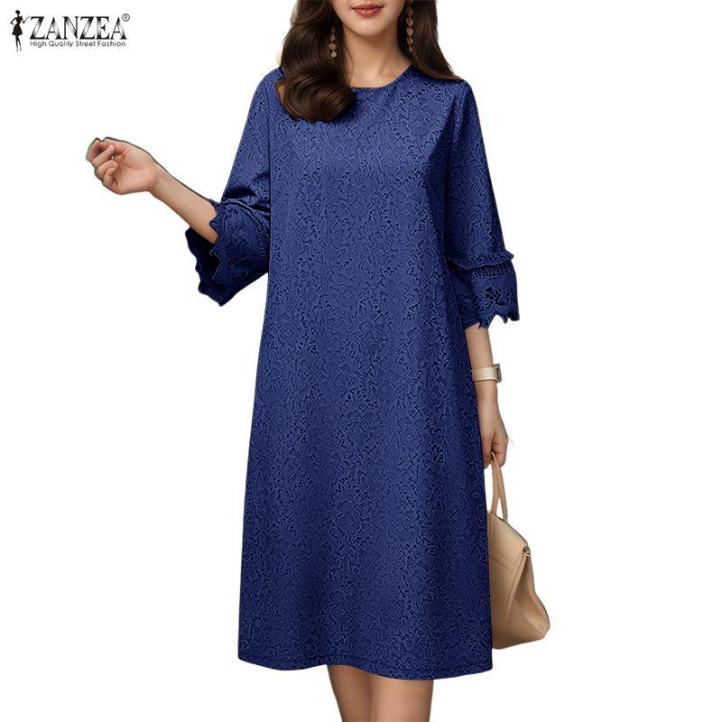 ZANZEA Damen Freizeit Rundhals Locker 3/4 Ärmel Spitze Patchwork Kleid