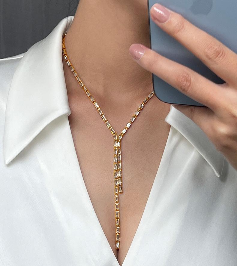 Korean Luxury Titanium Steel Necklace with Colorful Rectangular Zircon Gems, 2024 Edition