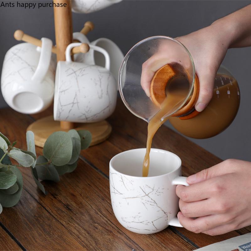 Ceramic Water Cup 6-piece Set Wooden Cup Holder Drain Rack Tea Set Coffee Mug Afternoon Tea Cups Milk Mug Decorative Teaware Set
