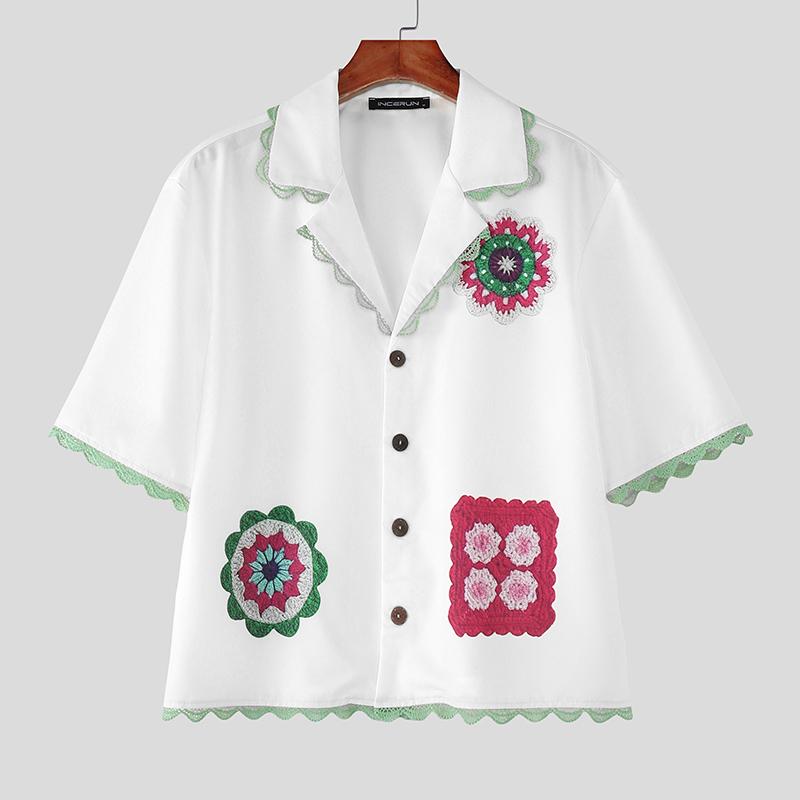 INCERUN Summer Men Lapel Neck Short Sleeve Floral Print Buttons Up Casual Loose Cropped Shirts S