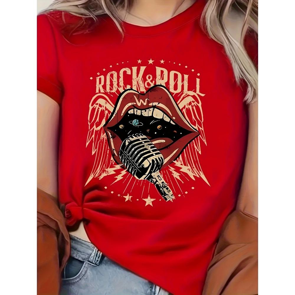 

Women S Vintage Rock Roll Microphone Mouth Graphic Tee - Casual Crew Neck Short Sleeve T-Shirt Summer Fashion Allseason Top L
