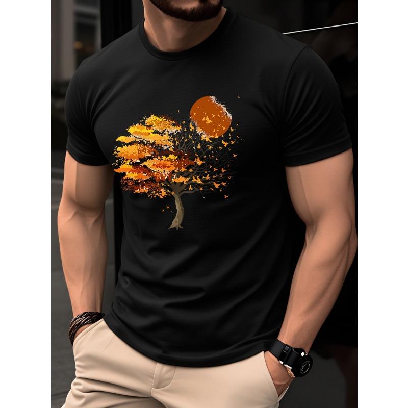 Men'S T-Shirt, Trendy And Stylish, Slim Fit for a Flattering Look, Versatile And Casual, Featuring a Creative Golden Maple Tree Sunset Print
