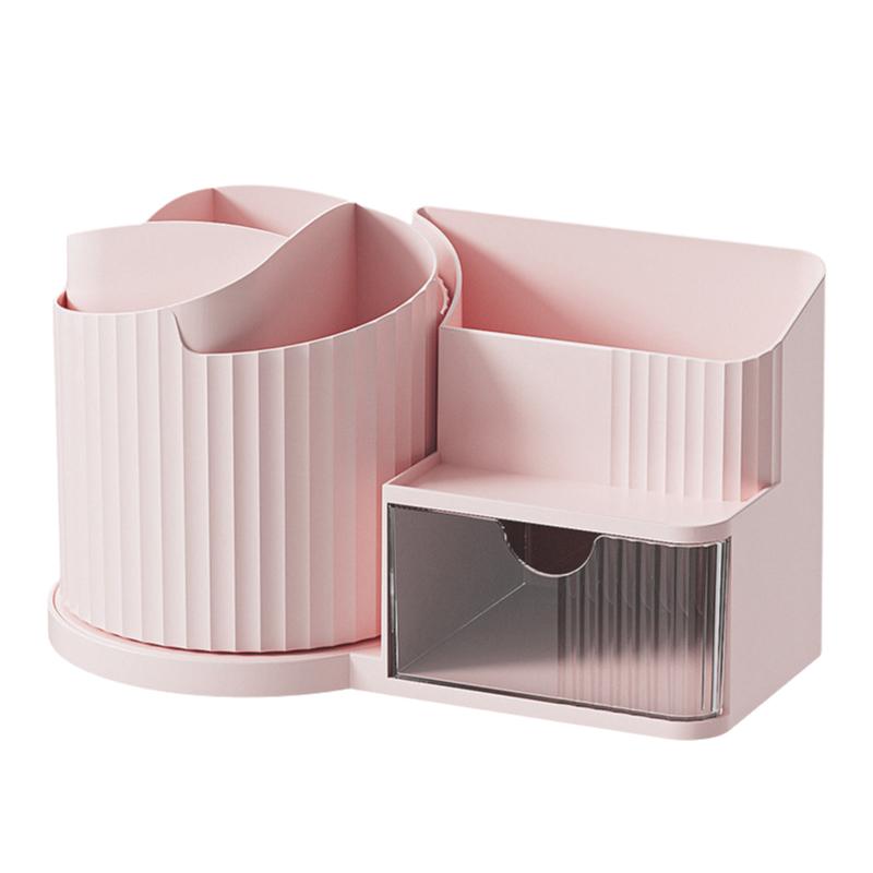

360 Rotating Pen Holder Organizer Desk Storage Box with Drawer Large Capacity for Office Home Student Study Table Top Accessory рожевий