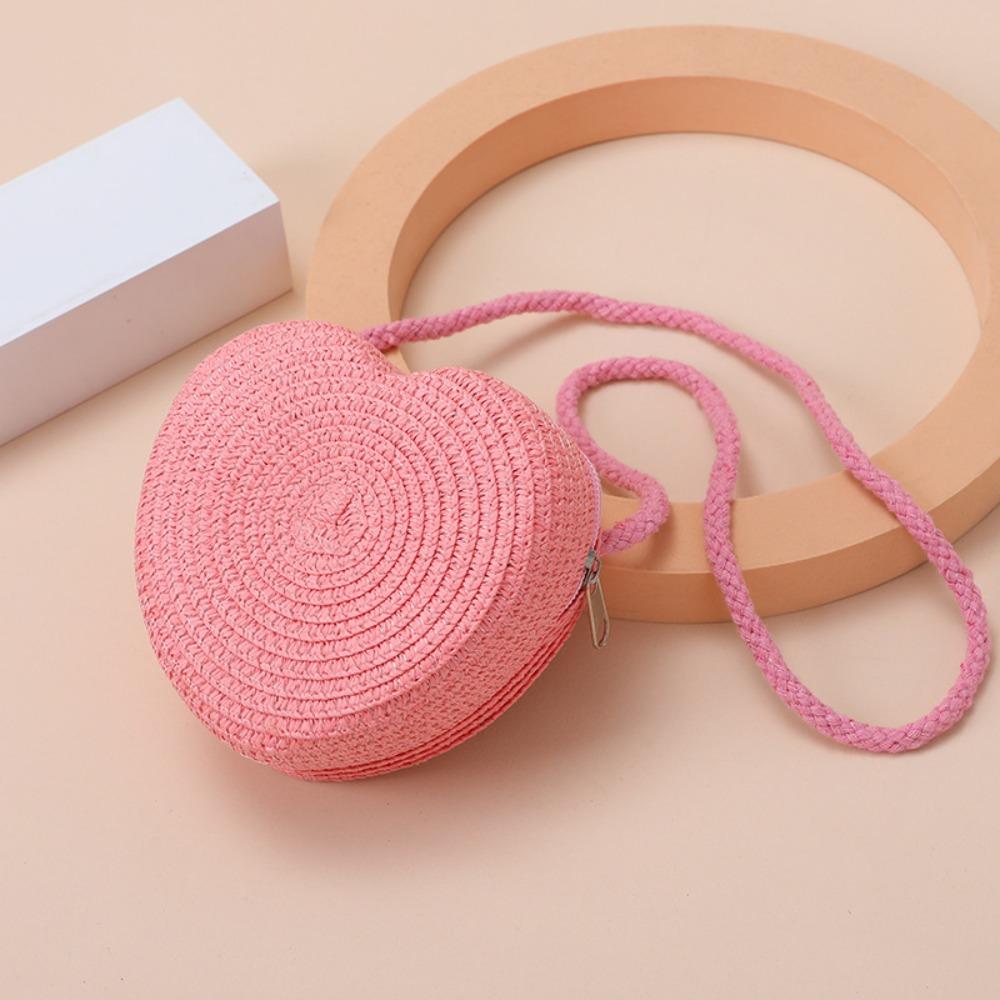 High Quality Woven Straw Shoulder Bags Cute Travel Crossbody Bag Lightweight Heart Shape Beach Bag for Children