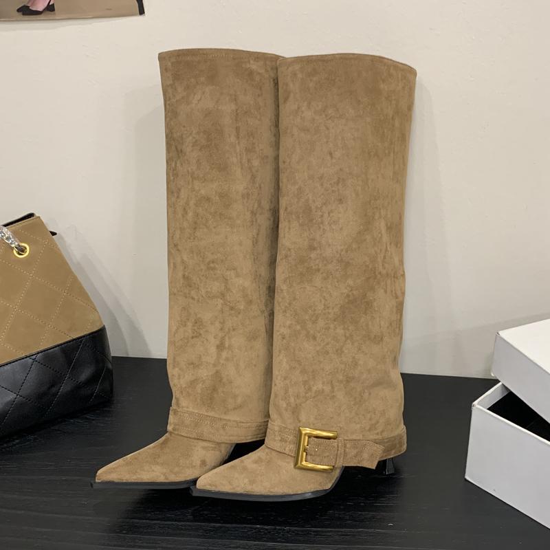 Eilyken Winter Design Splicing Square Buckle Knee-High Boots Women Pointed Toe Stripper Shoes Sexy Thin Heels Largas De Mujer