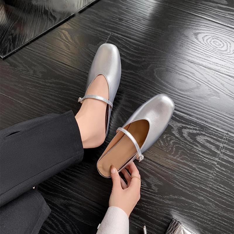 

Fashion designer silver leather women slippers square toe ankle belt slides summer mules shoes woman flat sandalias mujer 2025 34 серебряный