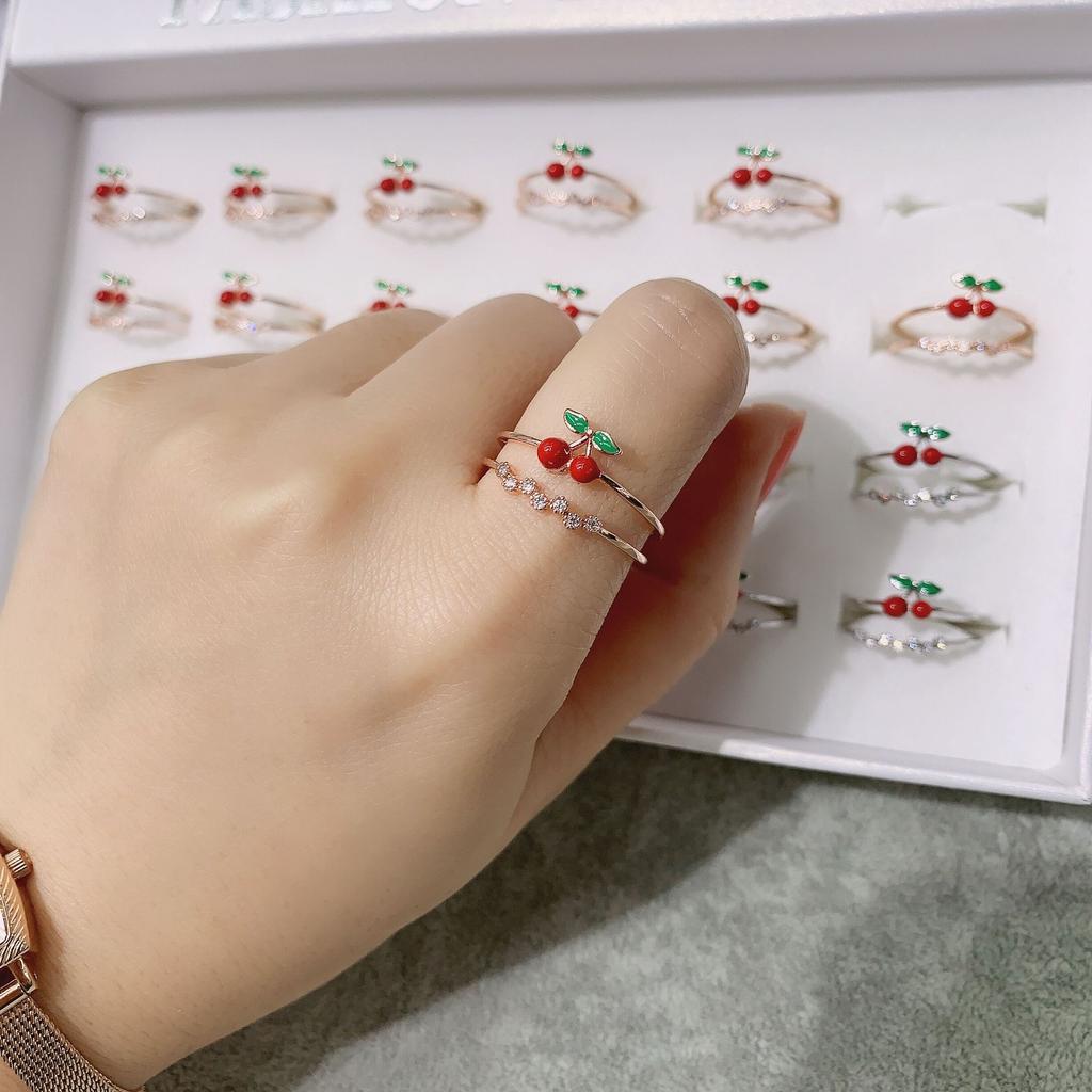 Anel de Cereja Pingando Doce e Fofo com Retenção de Cor, Anel Ajustável Simples de Camada Dupla Microcravejado com Zircônia
