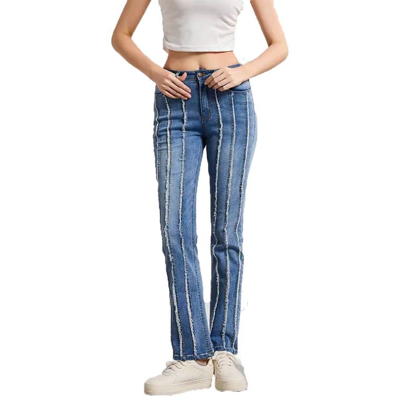 

2024 Cross-Border Denim Silm High Waist High Elasticity European and American plus Size Women s Clothes Burr Patchwork Pants Trousers Light blue 2XL