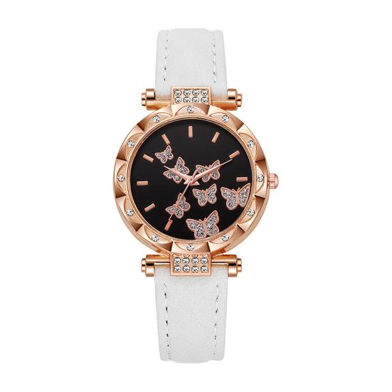 Ladies Butterfly Watch Artificial Leather Strap Quartz Watch Rhinestone Round Dial Fashionable Wristwatch for Women Party Office Date