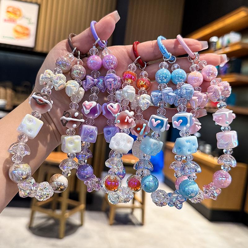 New Bowknot Cheese Beaded Phone Chain Cute Handheld Decoration For Girls Car Keychain Bag Pendant Small Gift