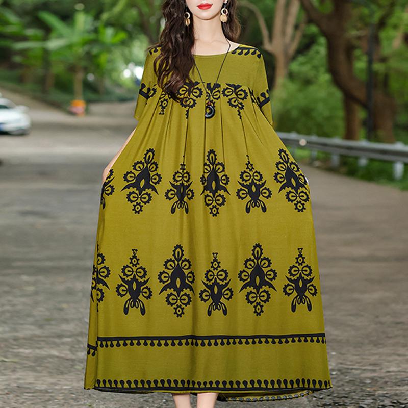 Elegant Summer Loose Dress Woman Vintage Clothes Plus Size Casual Short Sleeve Long Dresses