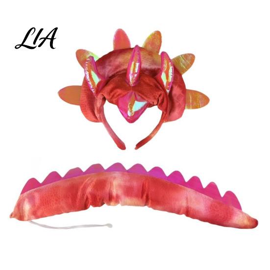 Dinosaur Outfit for Family Triceratops Headband and Tail Set Adults Kids, DIY Three Halloween Party Costume Horn Dragon Accessories Dress Up Role
