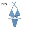 2Pcs/Set Women Bikini Set Halter Padded Wireless Bikini Bra High Waist Swimming Briefs Set Split Design Solid Color Swimsuit