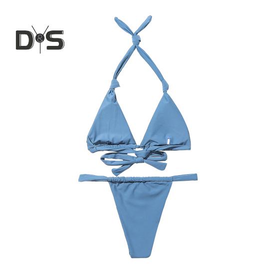 2Pcs/Set Women Bikini Set Halter Padded Wireless Bikini Bra High Waist Swimming Briefs Set Split Design Solid Color Swimsuit