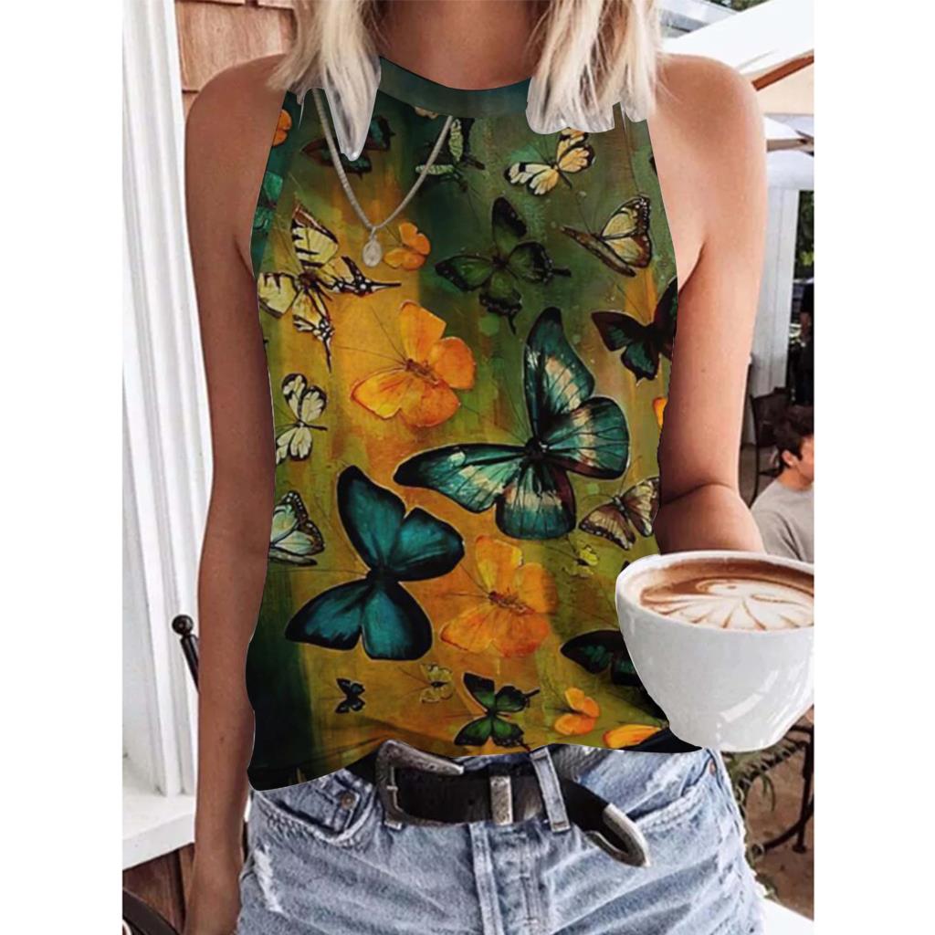 Summer Butterfly 3D Print Tank Tops Women Fashion New Streetwear Oversized O-Neck Vest Off Shoulder Sleeveless Woman Camisole