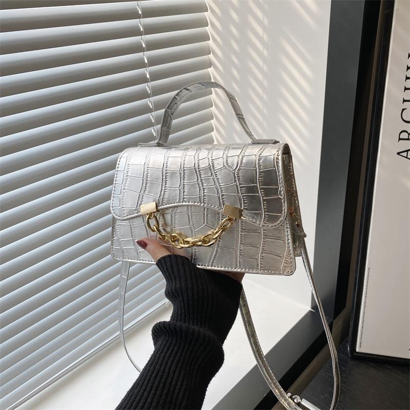 Fashion Solid Color Stone Texture Gold Chain Decor Women Shoulder Bag For Daily Casual Use