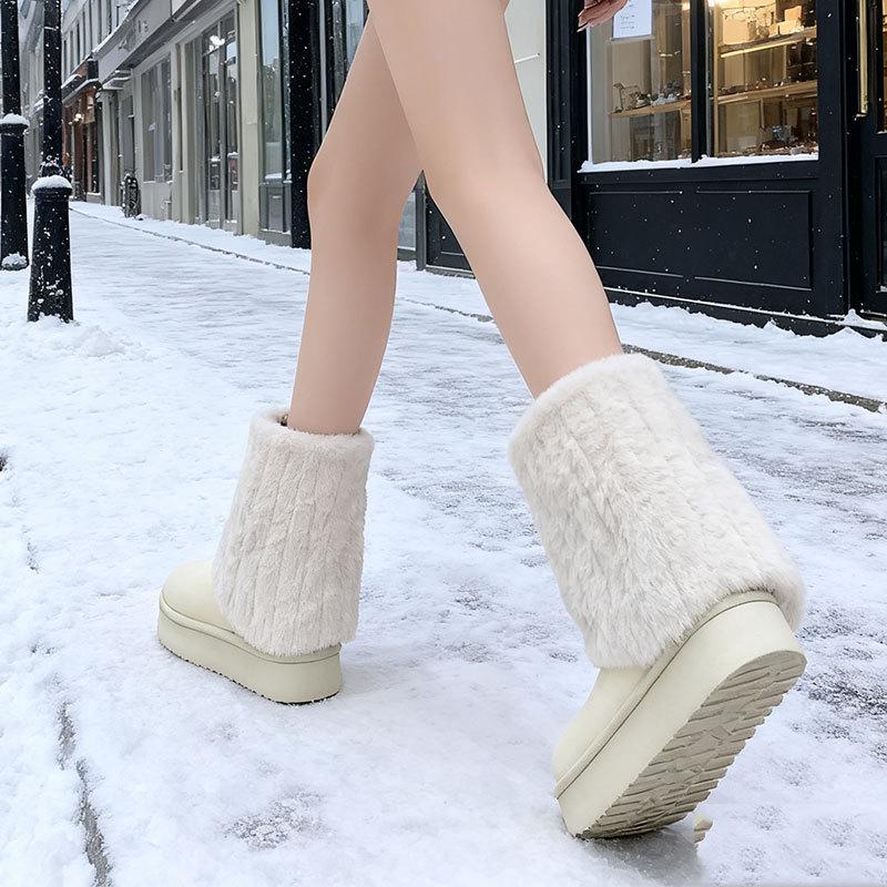 Women's 2025 Fluffy Fur Mid-Calf Snow Boots - Thick-Soled, Plush Velvet Lined, Winter Fashion.