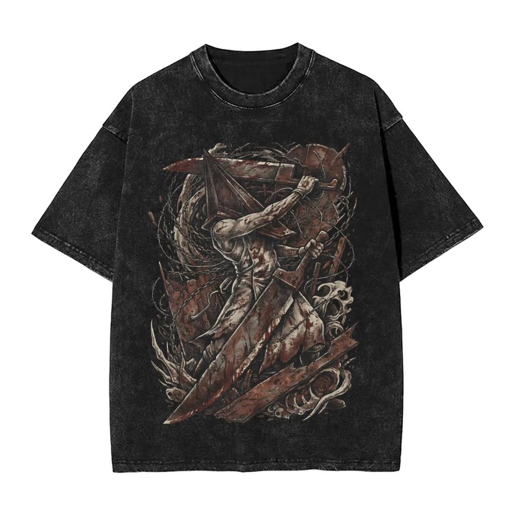 Silent Hill Washed T Shirt Men Vintage Cotton T Shirts Summer Breathable Hipster Tees Print Oversize Tops